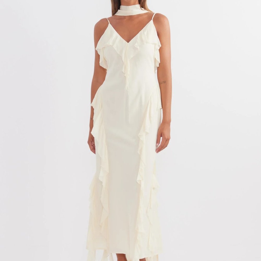 KHAITE Cream Ruffle-Trim Midi Dress